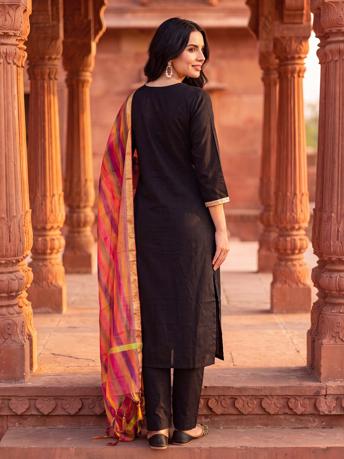 Black Embroidered Straight Kurta Trousers With Dupatta Set-BB9KH568