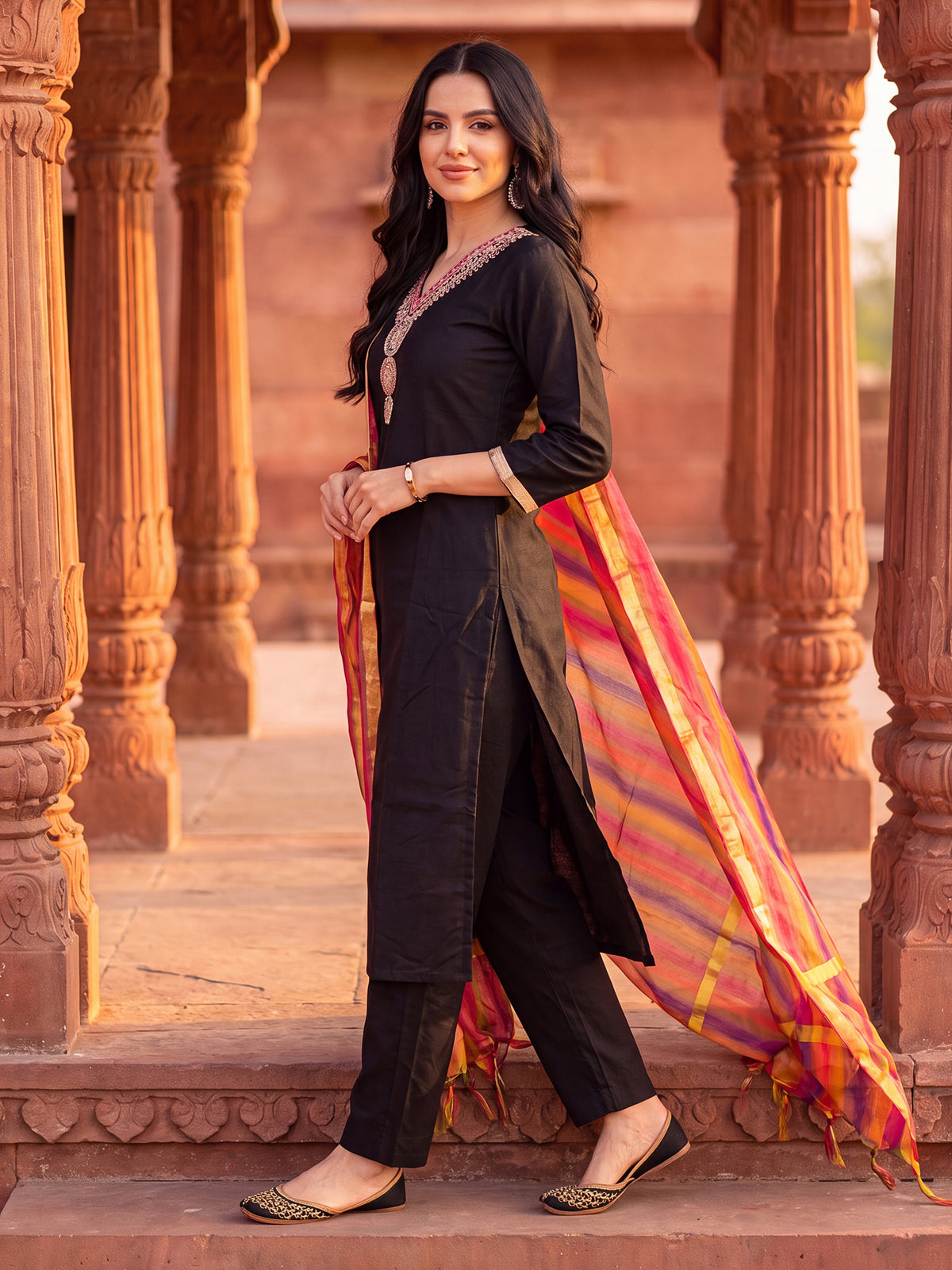 Black Embroidered Straight Kurta Trousers With Dupatta Set-BB9KH568