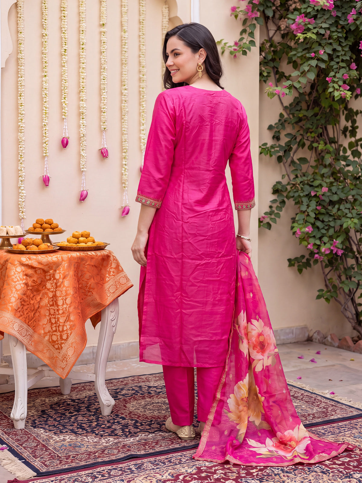Pink Embroidered Straight Kurta Trousers With Dupatta Set-KH9RP13431