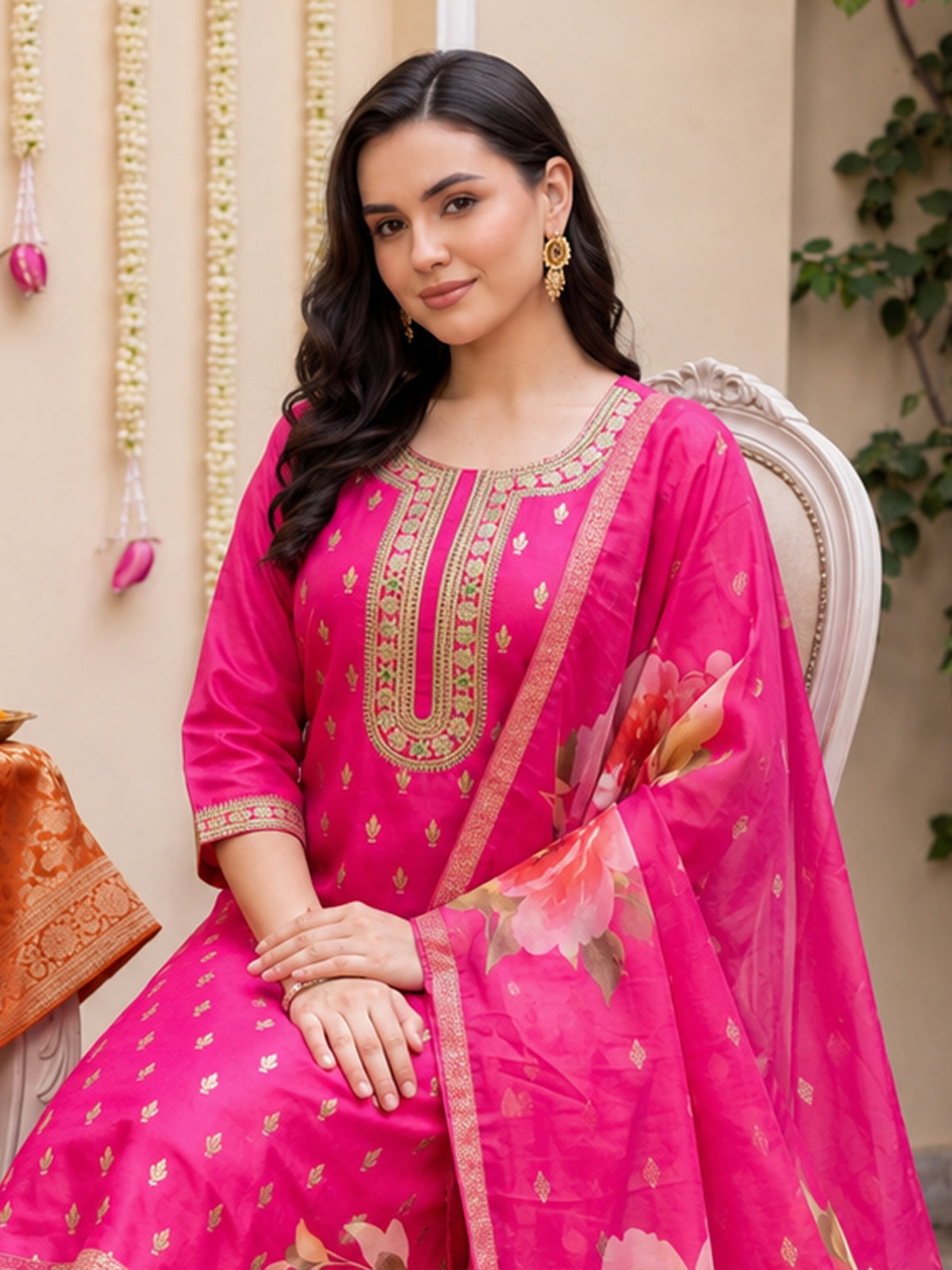Pink Embroidered Straight Kurta Trousers With Dupatta Set-KH9RP13431
