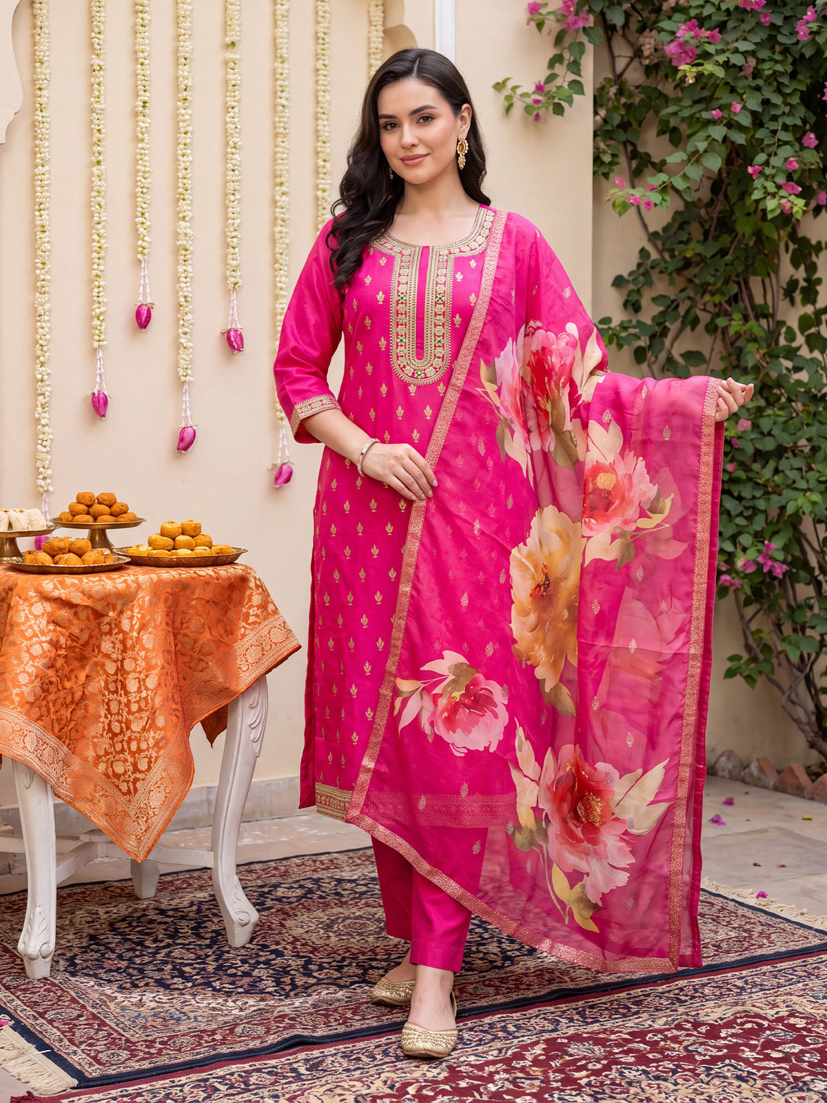 Pink Embroidered Straight Kurta Trousers With Dupatta Set-KH9RP13431
