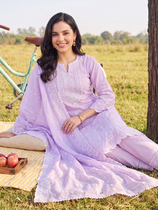 Lavender Embroidered Straight Kurta Trousers With Dupatta Set-ST0KH355