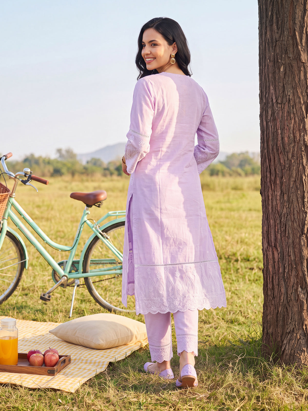 Lavender Embroidered Straight Kurta Trousers With Dupatta Set-ST0KH355