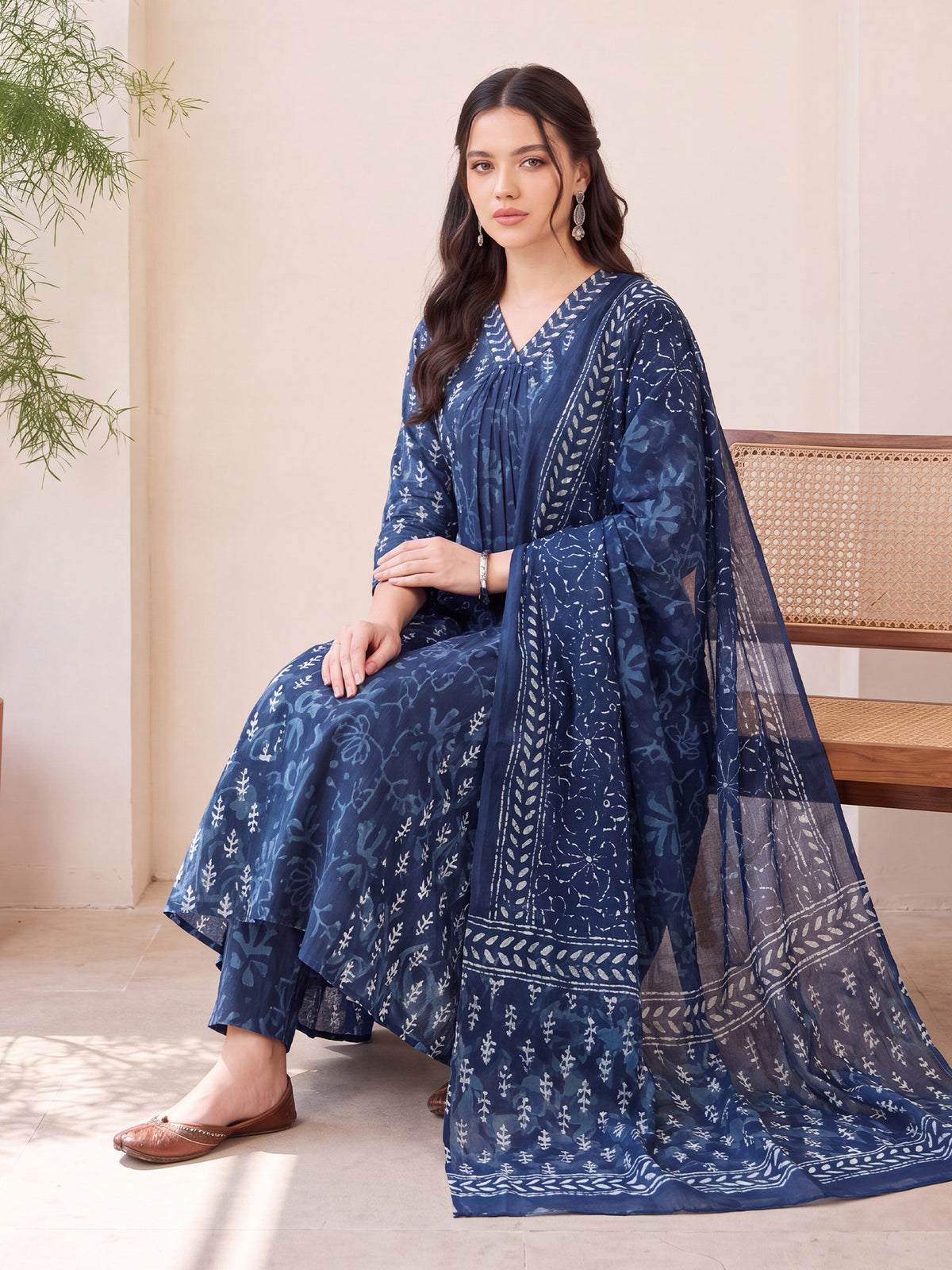 Blue Printed A-Line Kurta Trousers With Dupatta Set-KH0BL13718