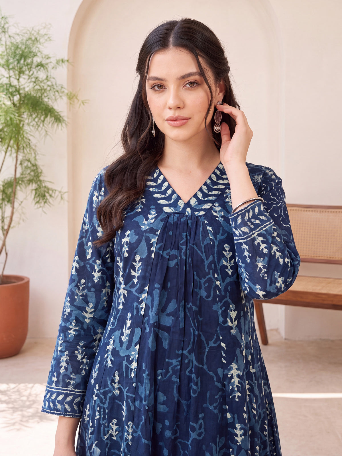 Blue Printed A-Line Kurta Trousers With Dupatta Set-KH0BL13718