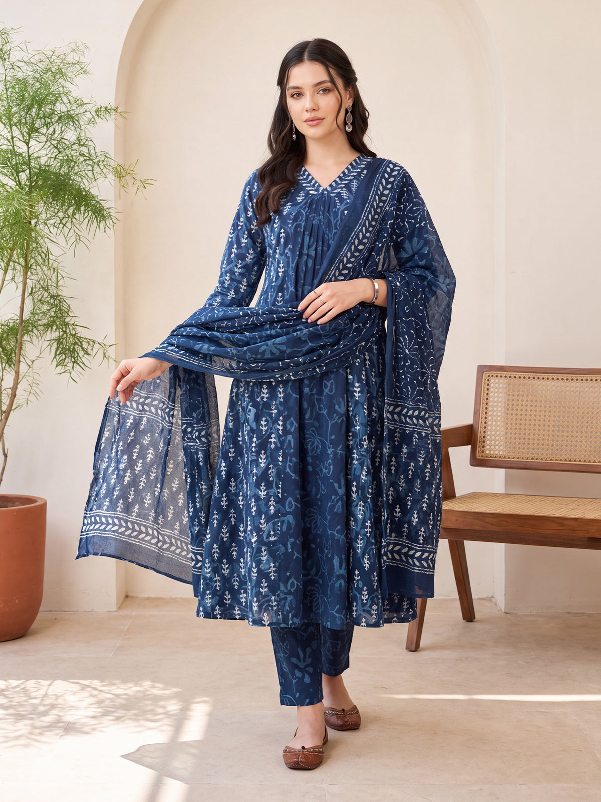 Blue Printed A-Line Kurta Trousers With Dupatta Set-KH0BL13718