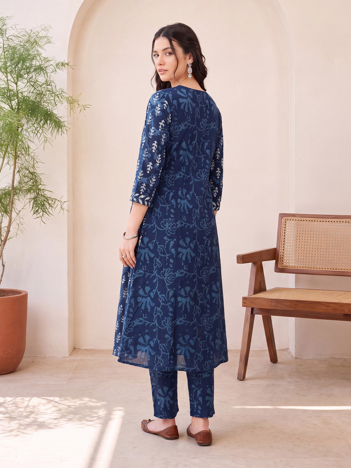 Blue Printed A-Line Kurta Trousers With Dupatta Set-KH0BL13718