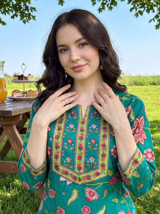 Green Printed Straight Kurta Palazzos With Dupatta Set-KH0GN13723