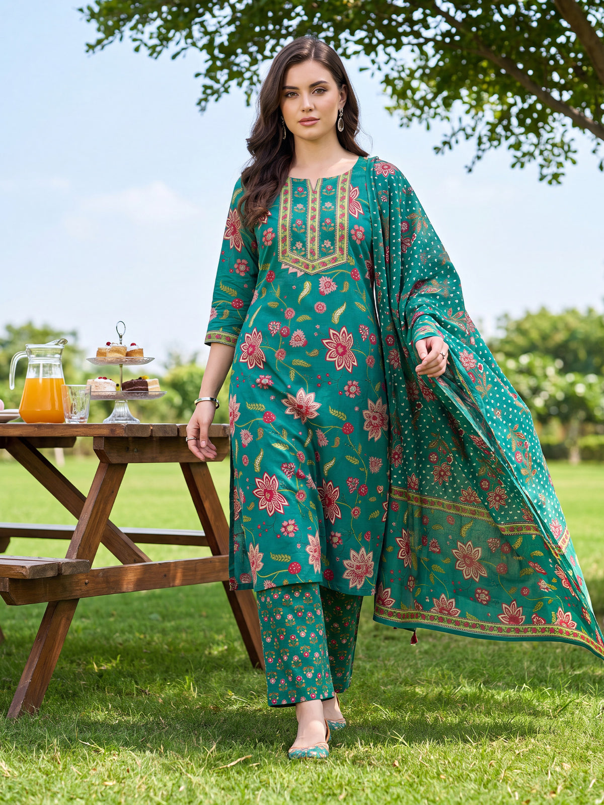 Green Printed Straight Kurta Palazzos With Dupatta Set-KH0GN13723