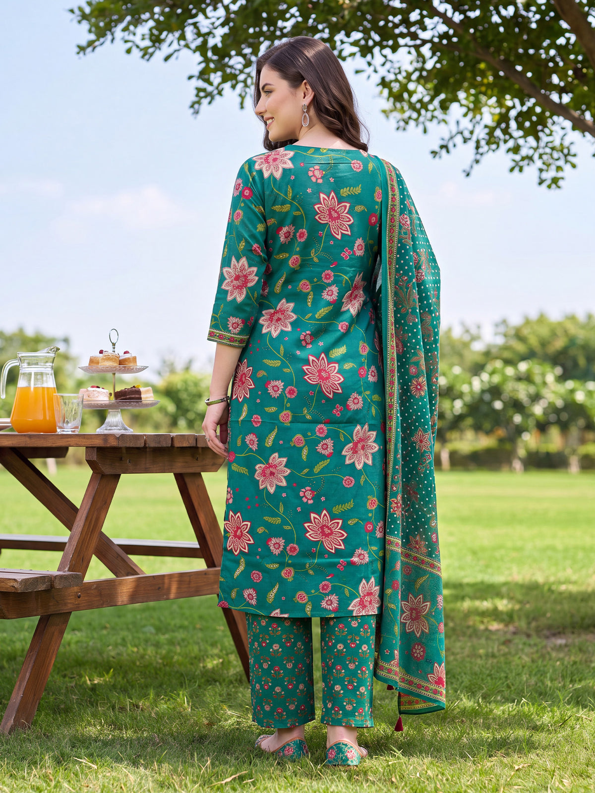 Green Printed Straight Kurta Palazzos With Dupatta Set-KH0GN13723