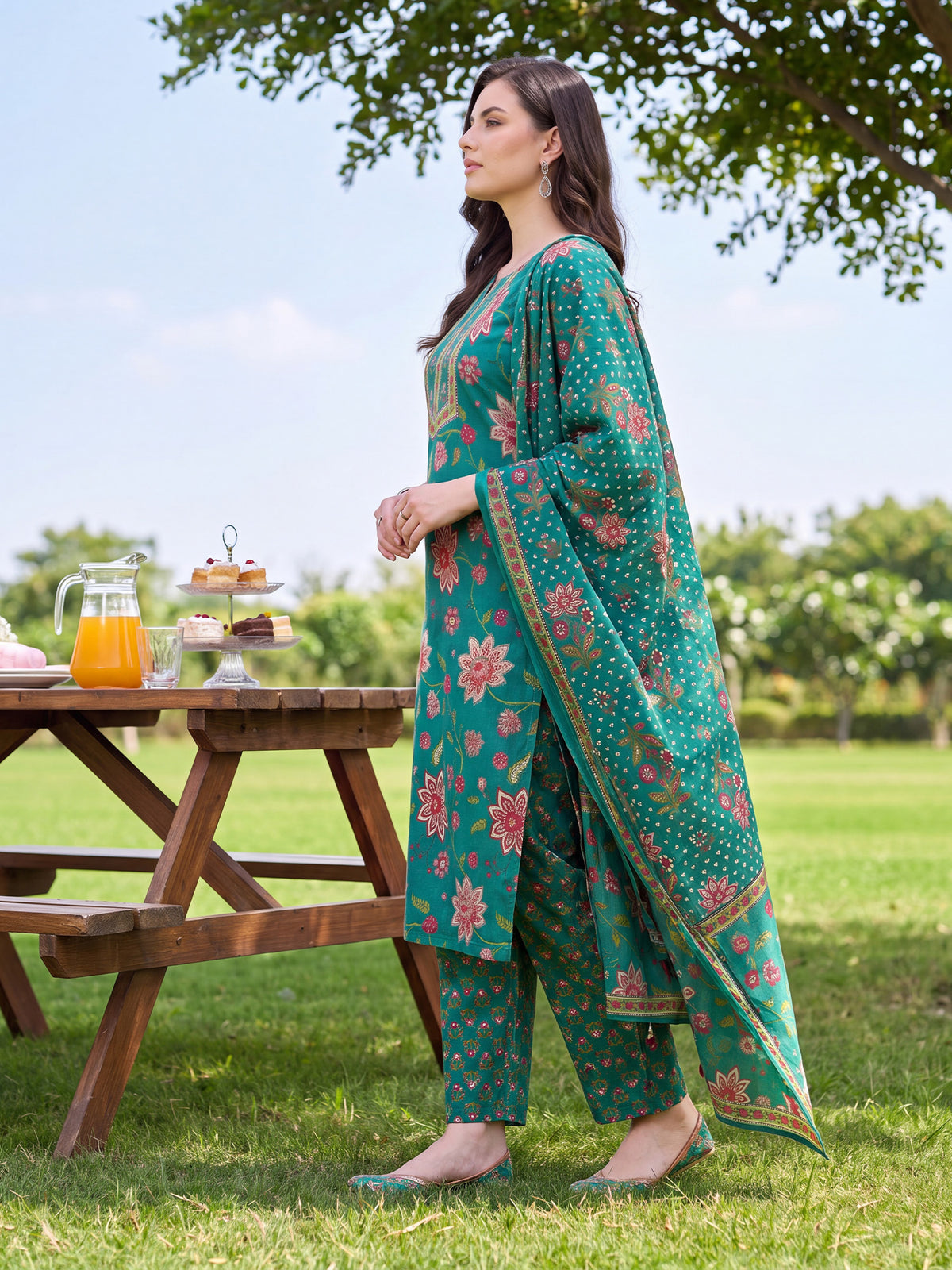 Green Printed Straight Kurta Palazzos With Dupatta Set-KH0GN13723