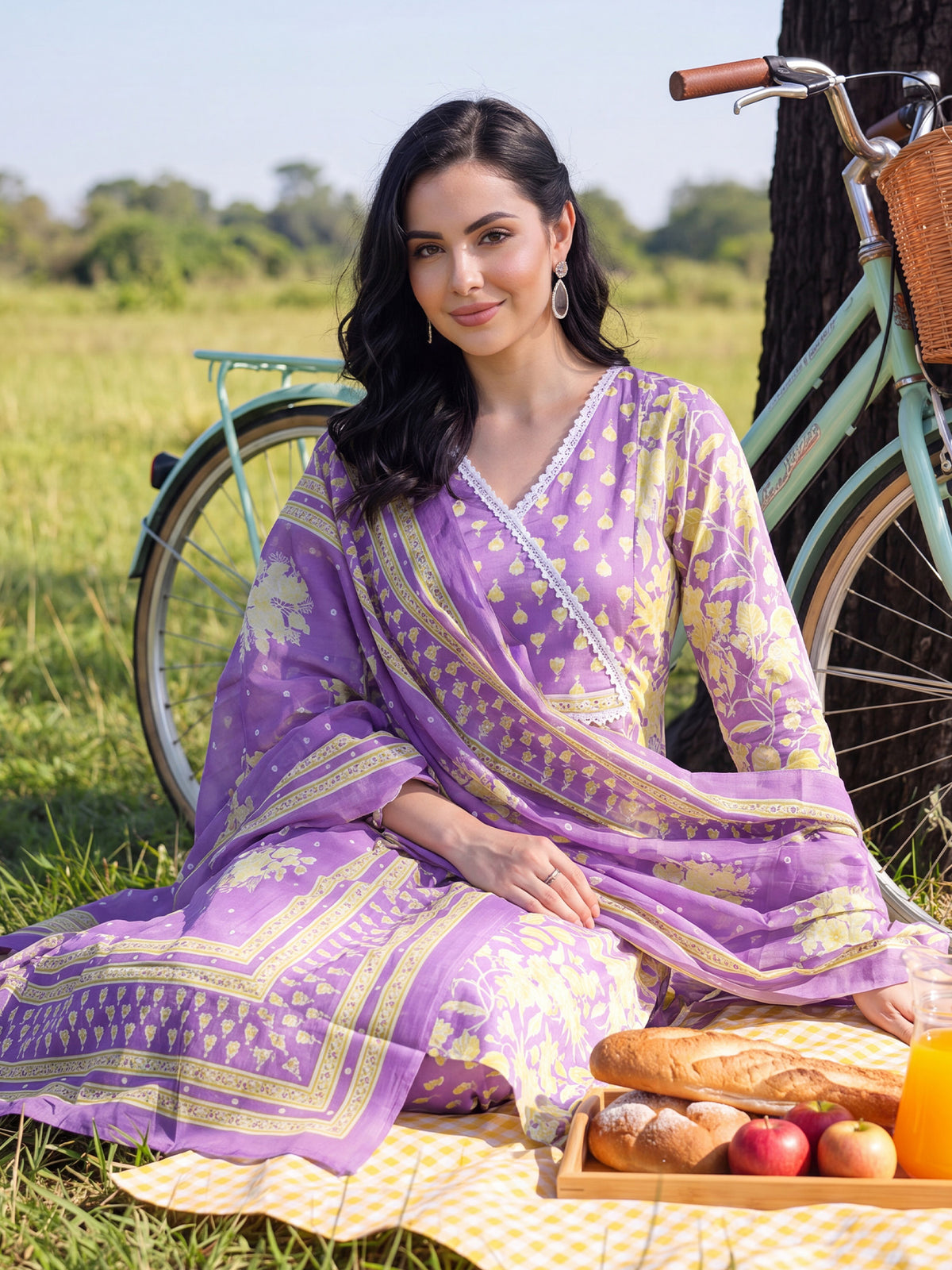 Lavender Printed Straight Kurta Salwar With Dupatta Set-KH0LV13720