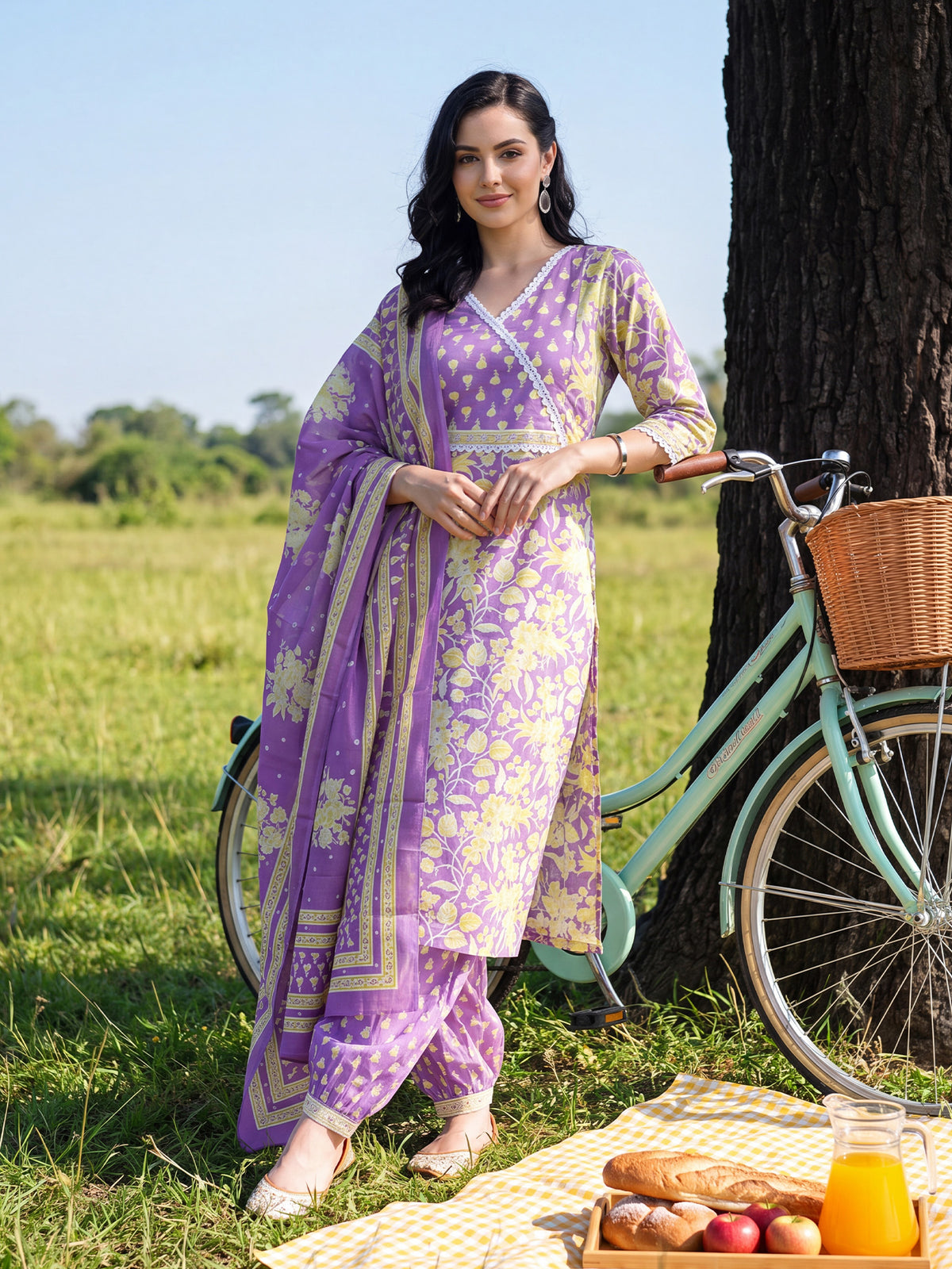 Lavender Printed Straight Kurta Salwar With Dupatta Set-KH0LV13720