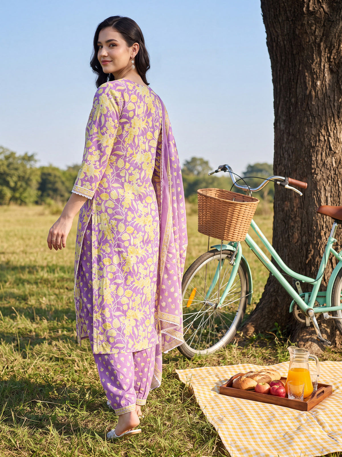 Lavender Printed Straight Kurta Salwar With Dupatta Set-KH0LV13720