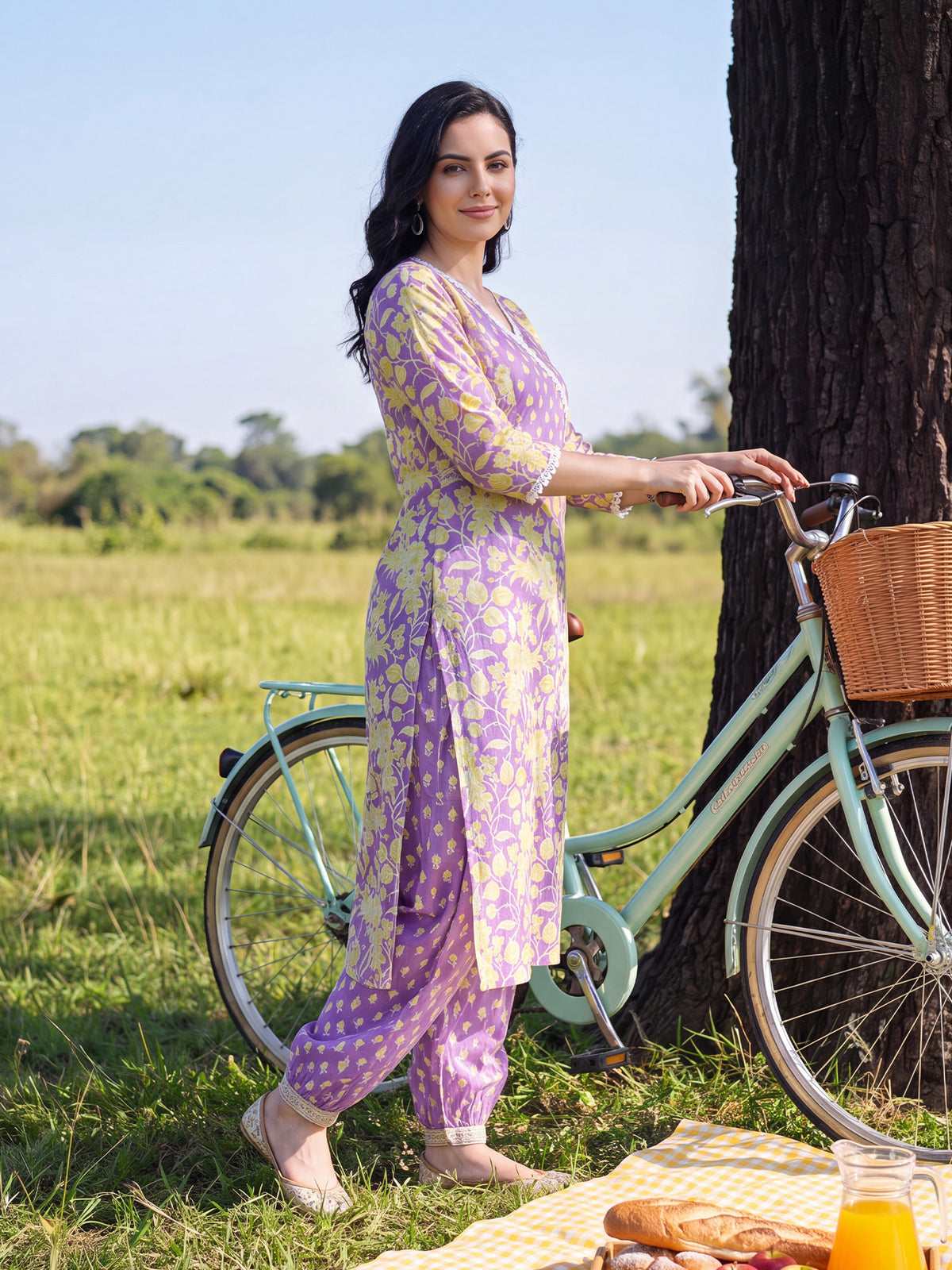 Lavender Printed Straight Kurta Salwar With Dupatta Set-KH0LV13720