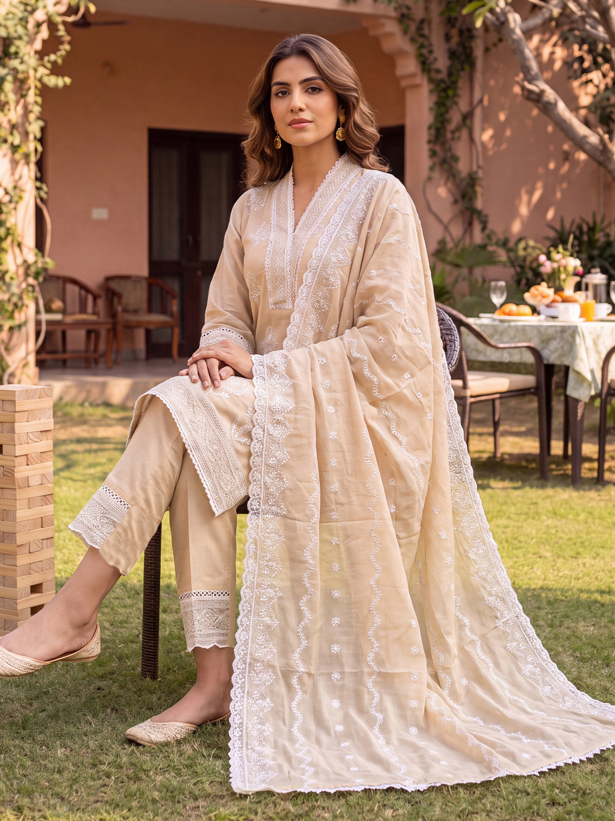 Beige Embroidered Straight Kurta Trousers With Dupatta Set-ST0KH359