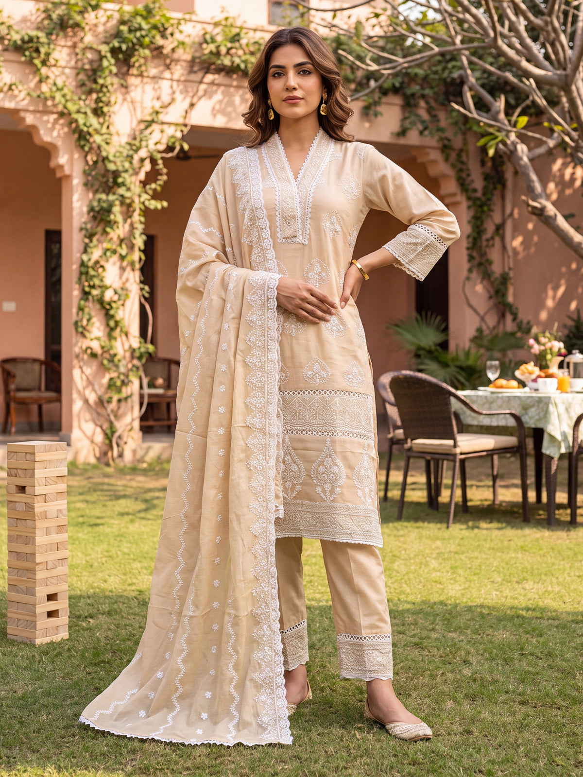 Beige Embroidered Straight Kurta Trousers With Dupatta Set-ST0KH359
