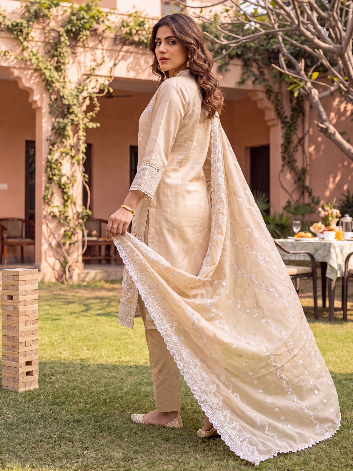 Beige Embroidered Straight Kurta Trousers With Dupatta Set-ST0KH359