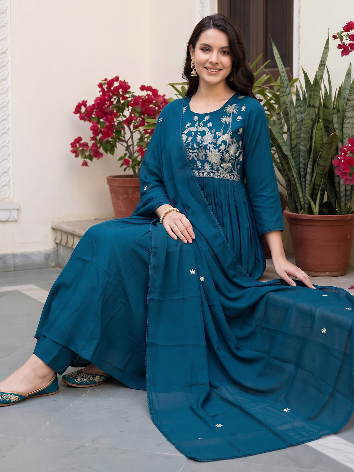 Blue Embroidered Anarkali Kurta Trousers With Dupatta Set-KH9BL13744