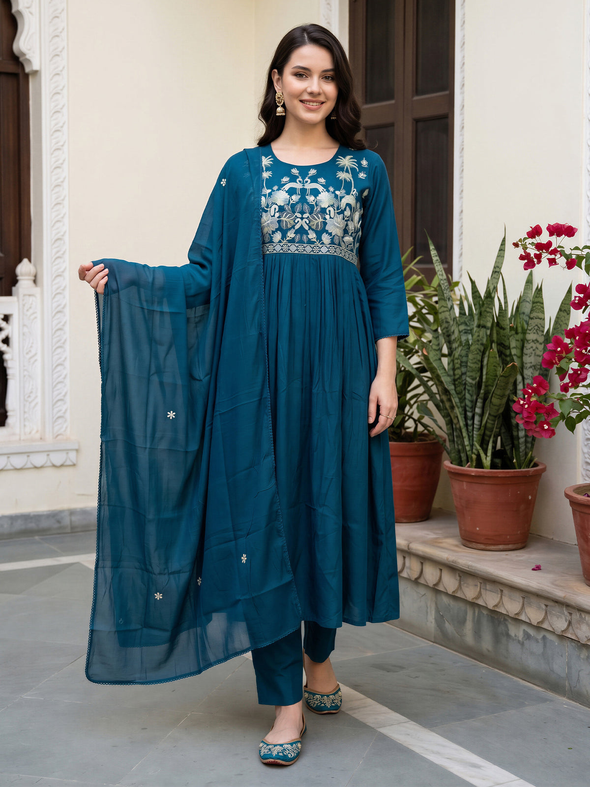 Blue Embroidered Anarkali Kurta Trousers With Dupatta Set-KH9BL13744