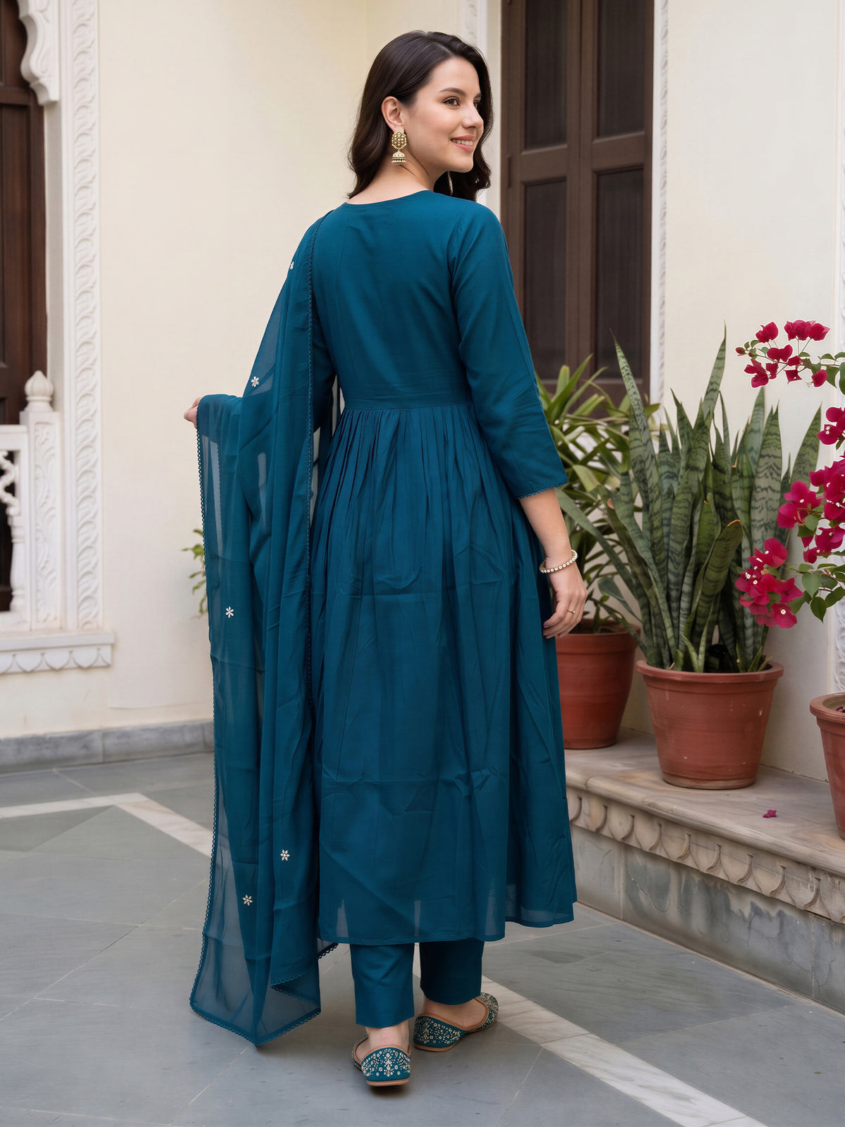 Blue Embroidered Anarkali Kurta Trousers With Dupatta Set-KH9BL13744
