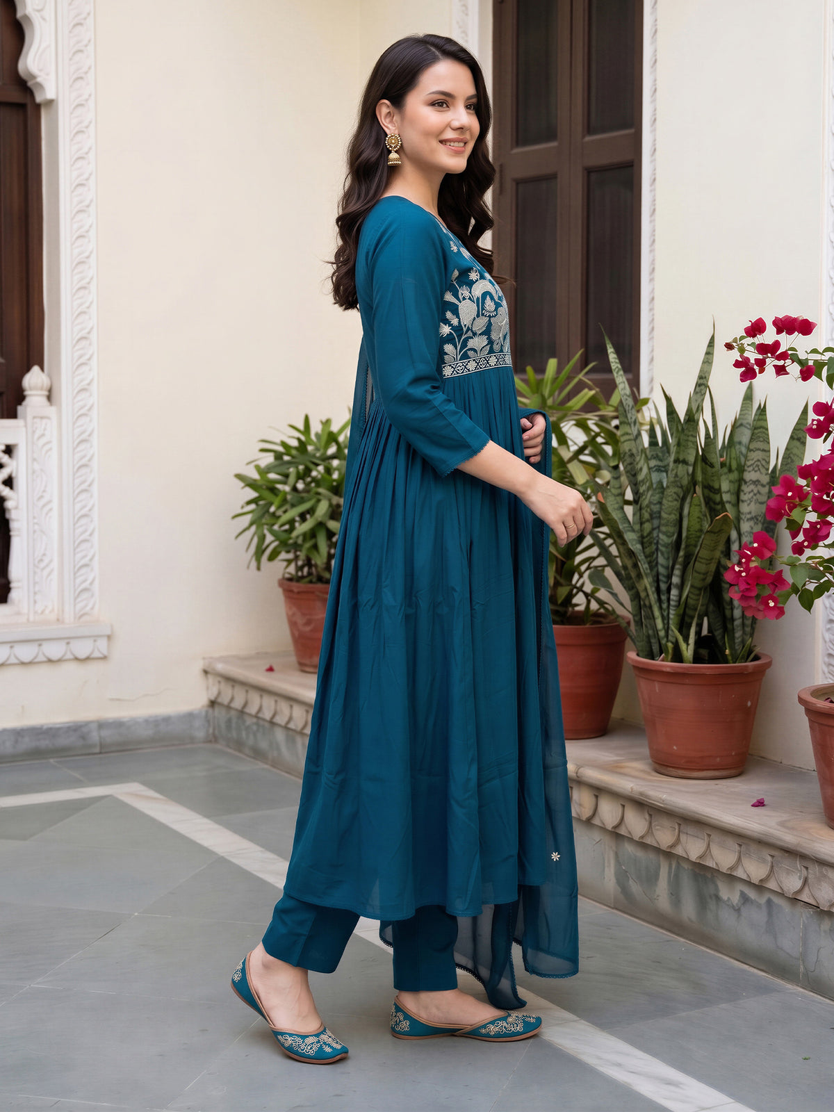 Blue Embroidered Anarkali Kurta Trousers With Dupatta Set-KH9BL13744