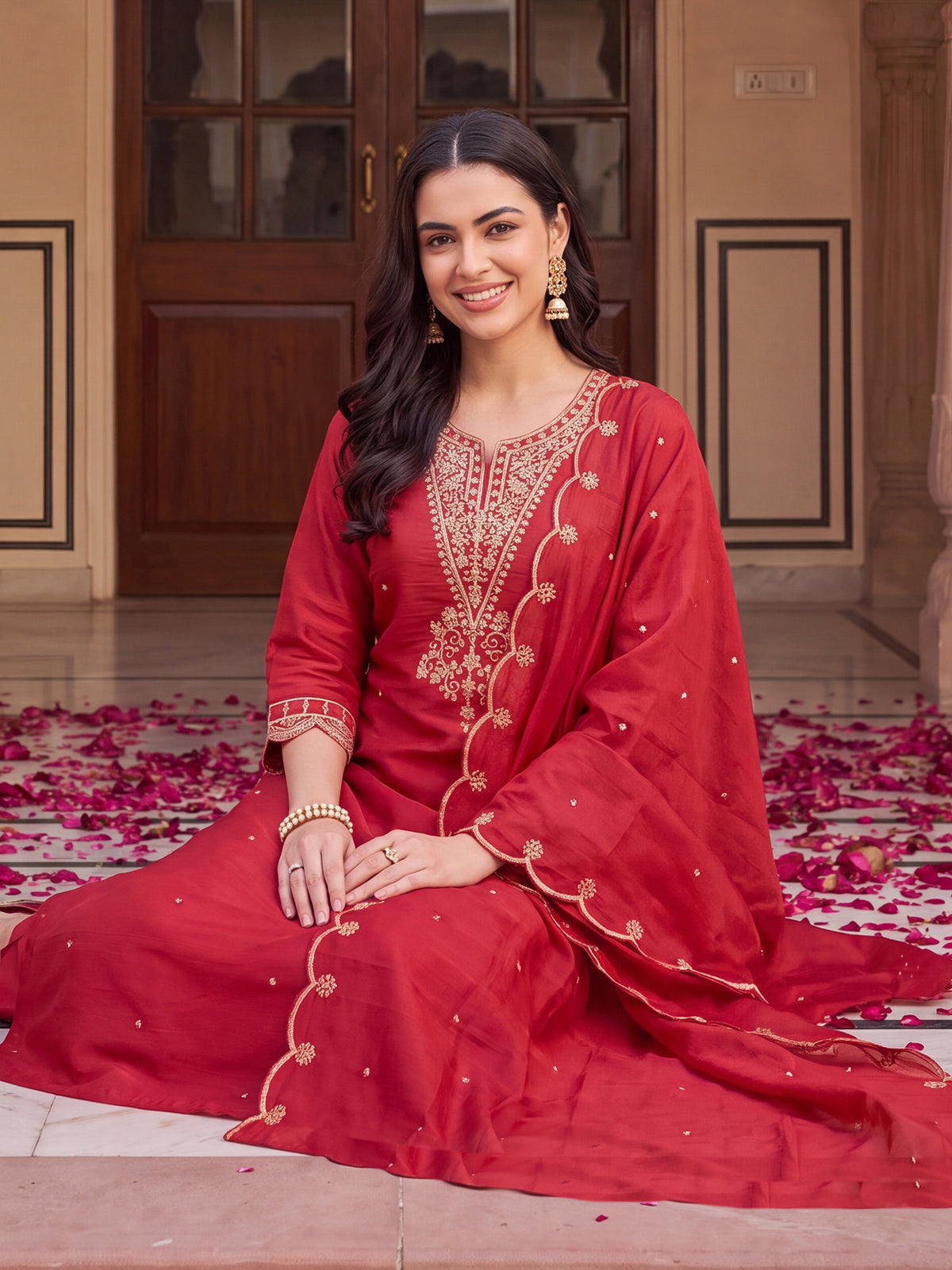 Red Embroidered Straight Kurta Trousers With Dupatta Set-DD9KH601
