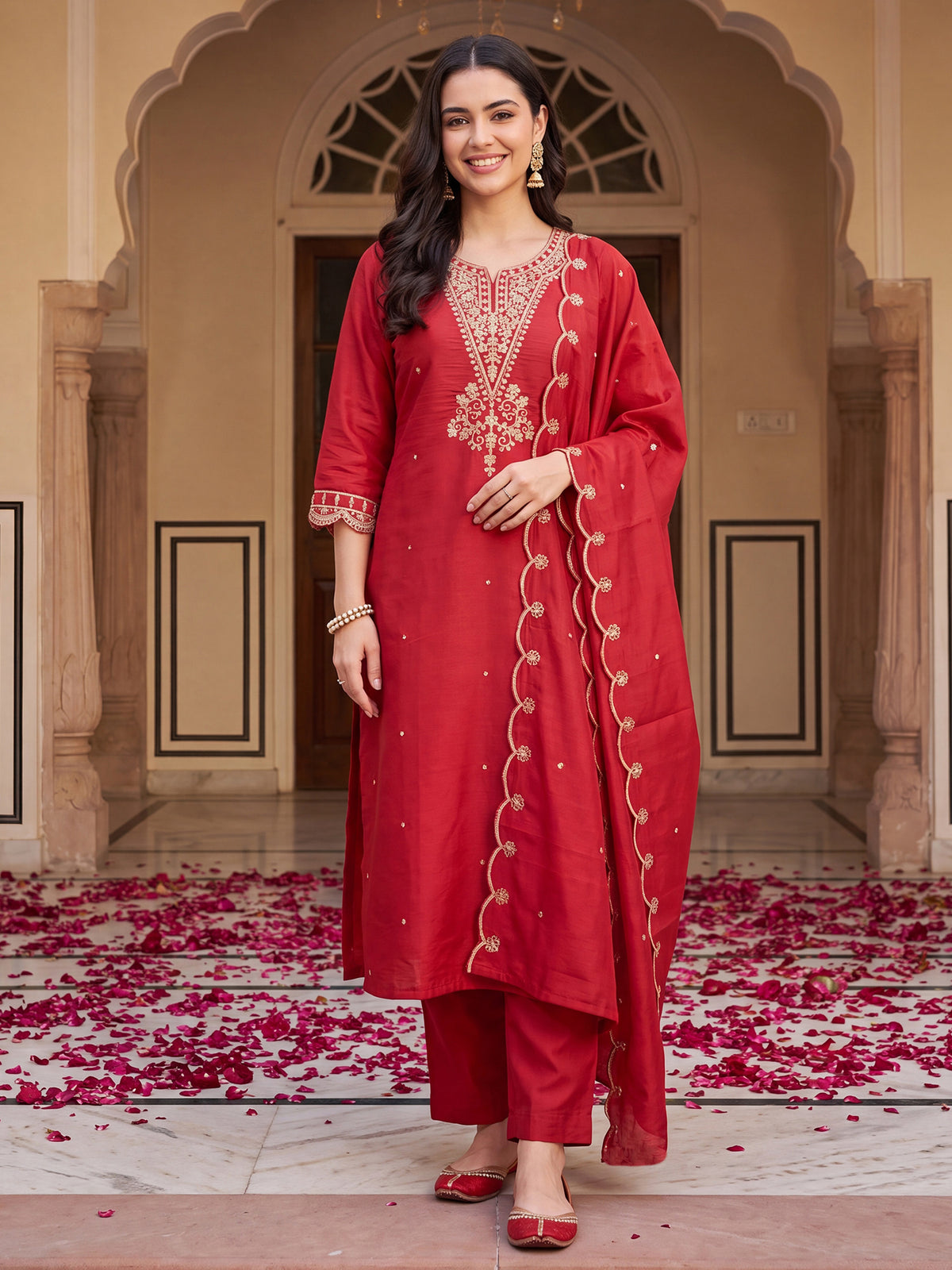 Red Embroidered Straight Kurta Trousers With Dupatta Set-DD9KH601