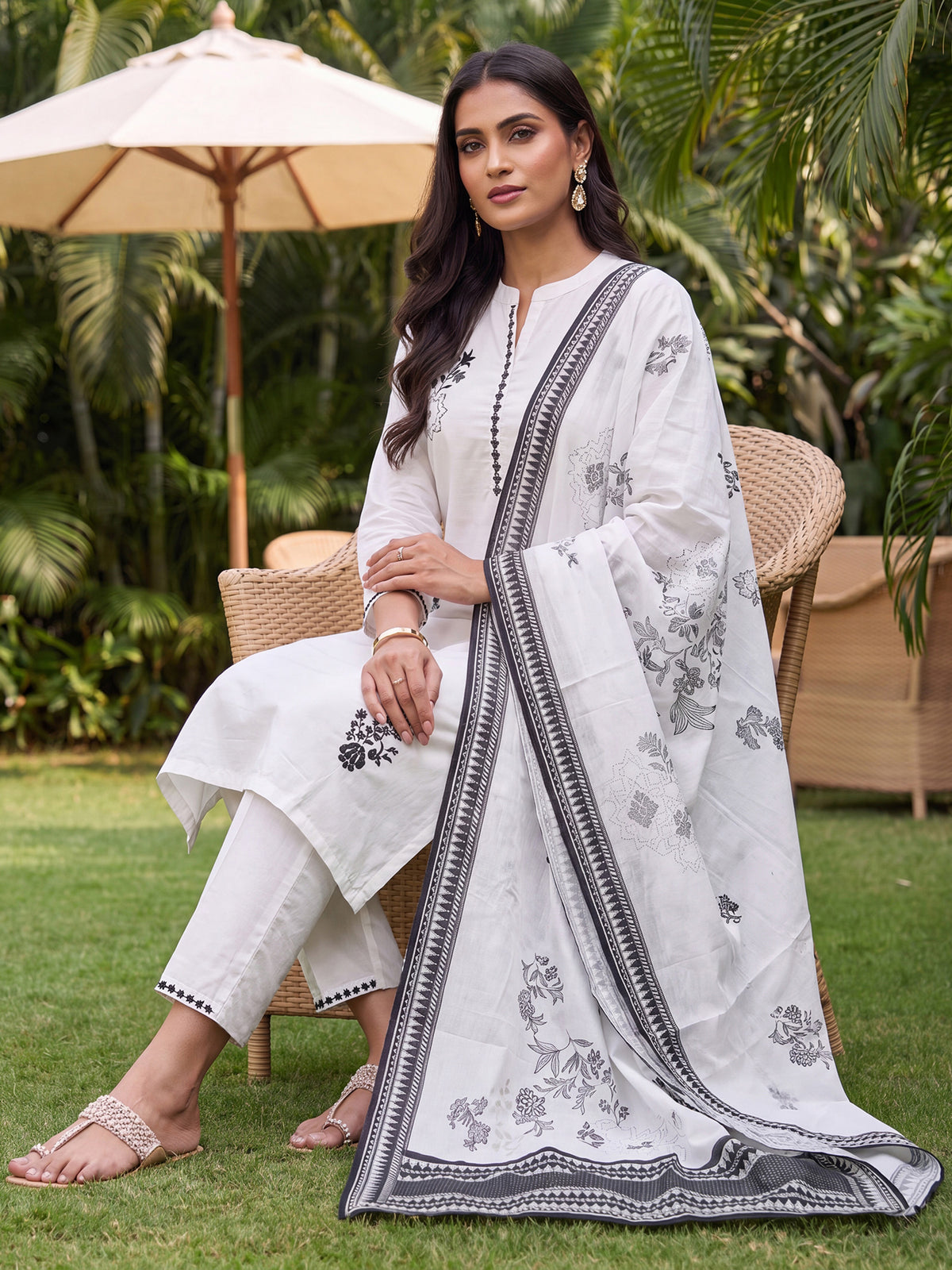 White Printed Straight Kurta Palazzos With Dupatta Set-KH0WH13597