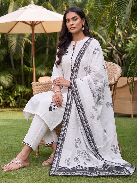 White Printed Straight Kurta Palazzos With Dupatta Set-KH0WH13597