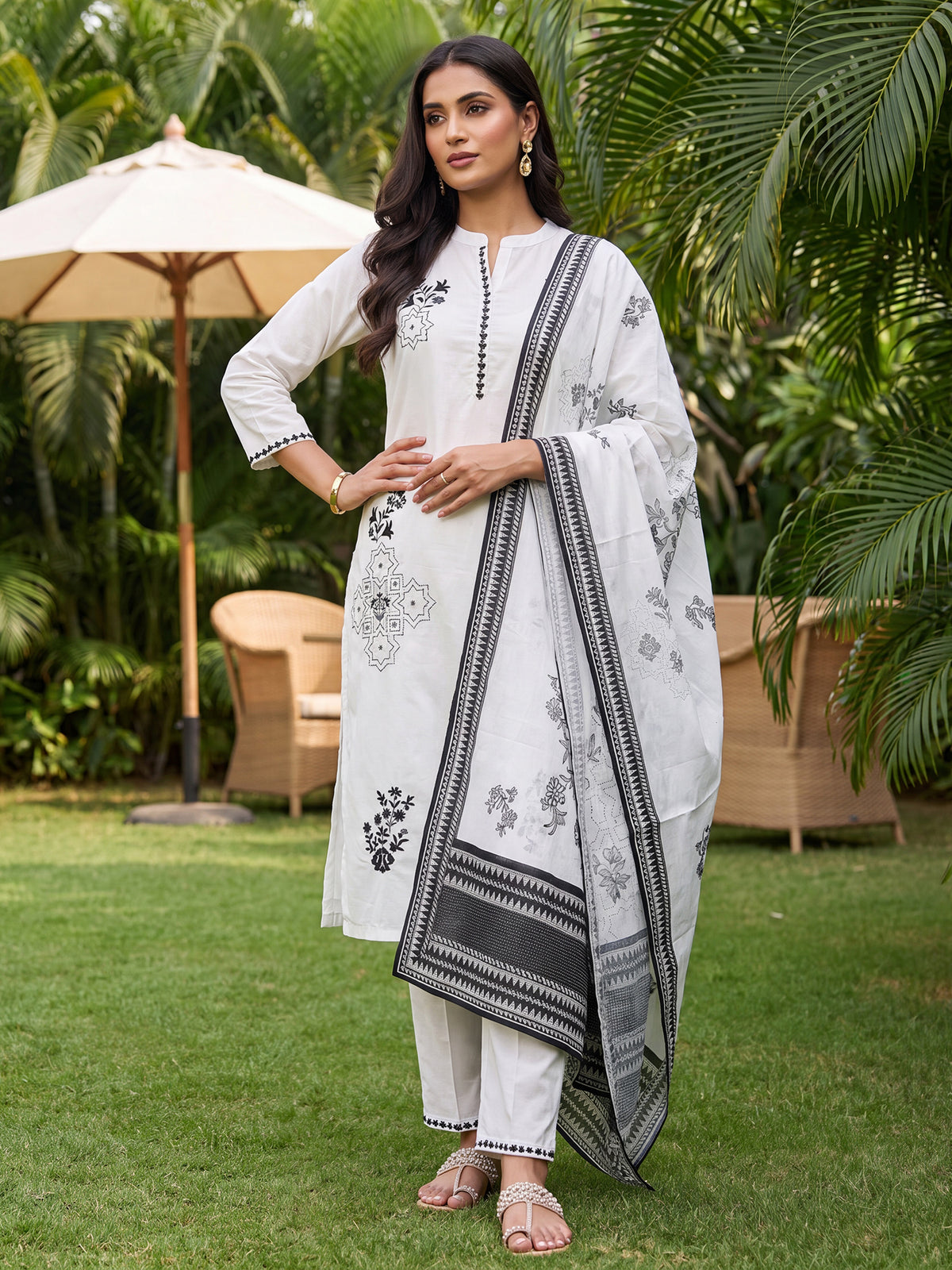 White Printed Straight Kurta Palazzos With Dupatta Set-KH0WH13597