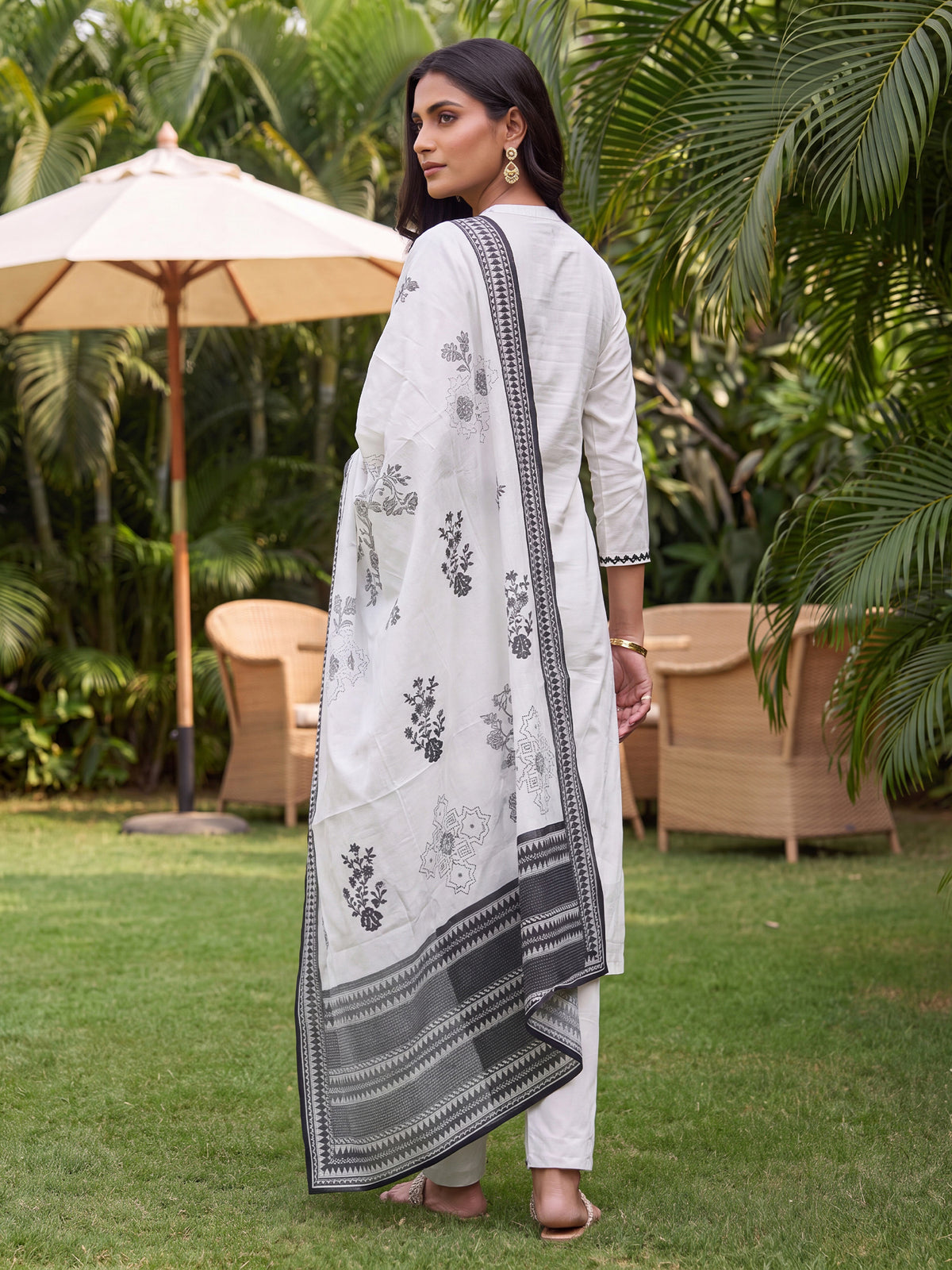 White Printed Straight Kurta Palazzos With Dupatta Set-KH0WH13597