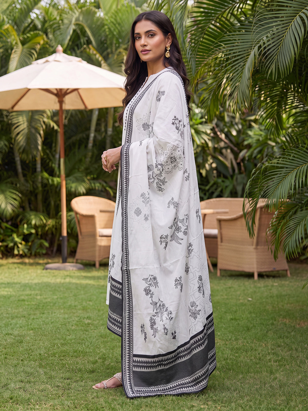 White Printed Straight Kurta Palazzos With Dupatta Set-KH0WH13597