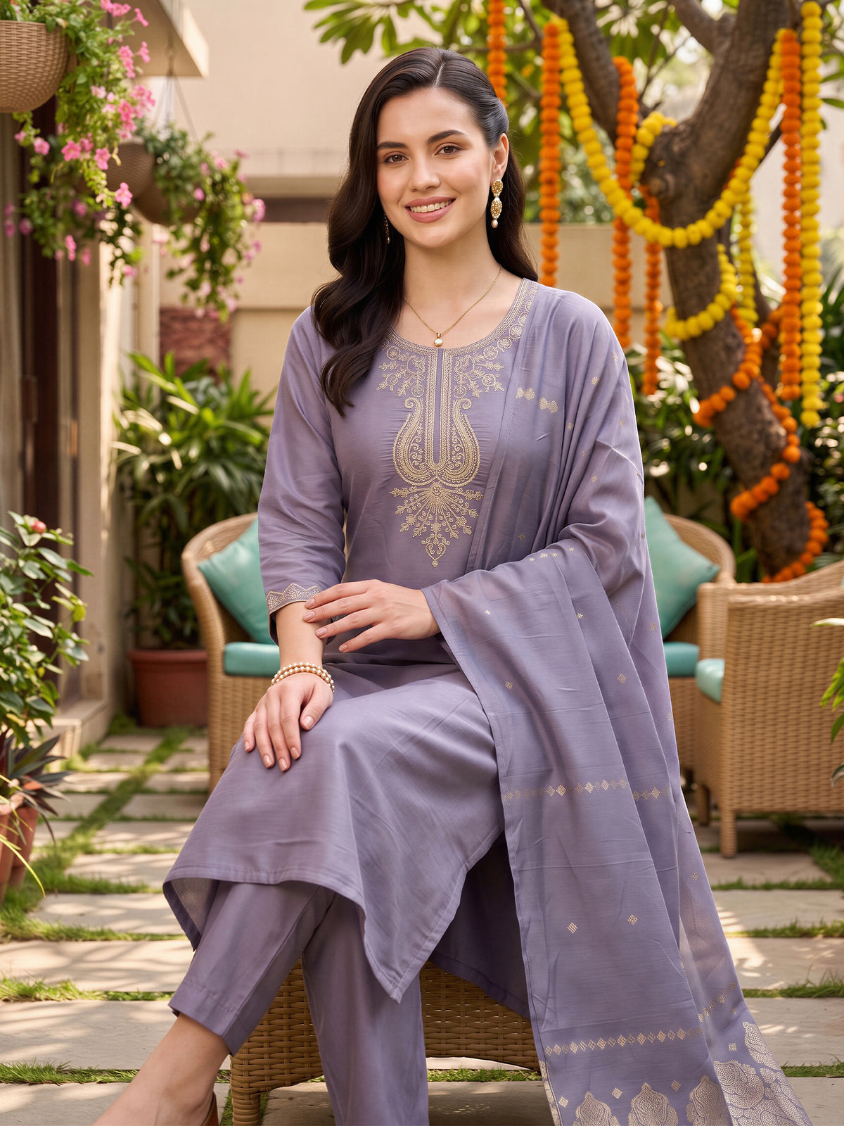 Lavender Embroidered Straight Kurta Trousers With Dupatta Set-BB9KH599