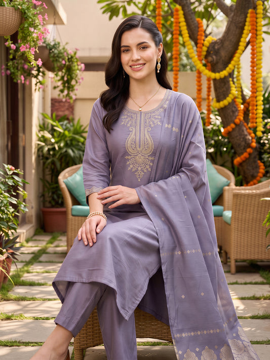 Lavender Embroidered Straight Kurta Trousers With Dupatta Set-BB9KH599