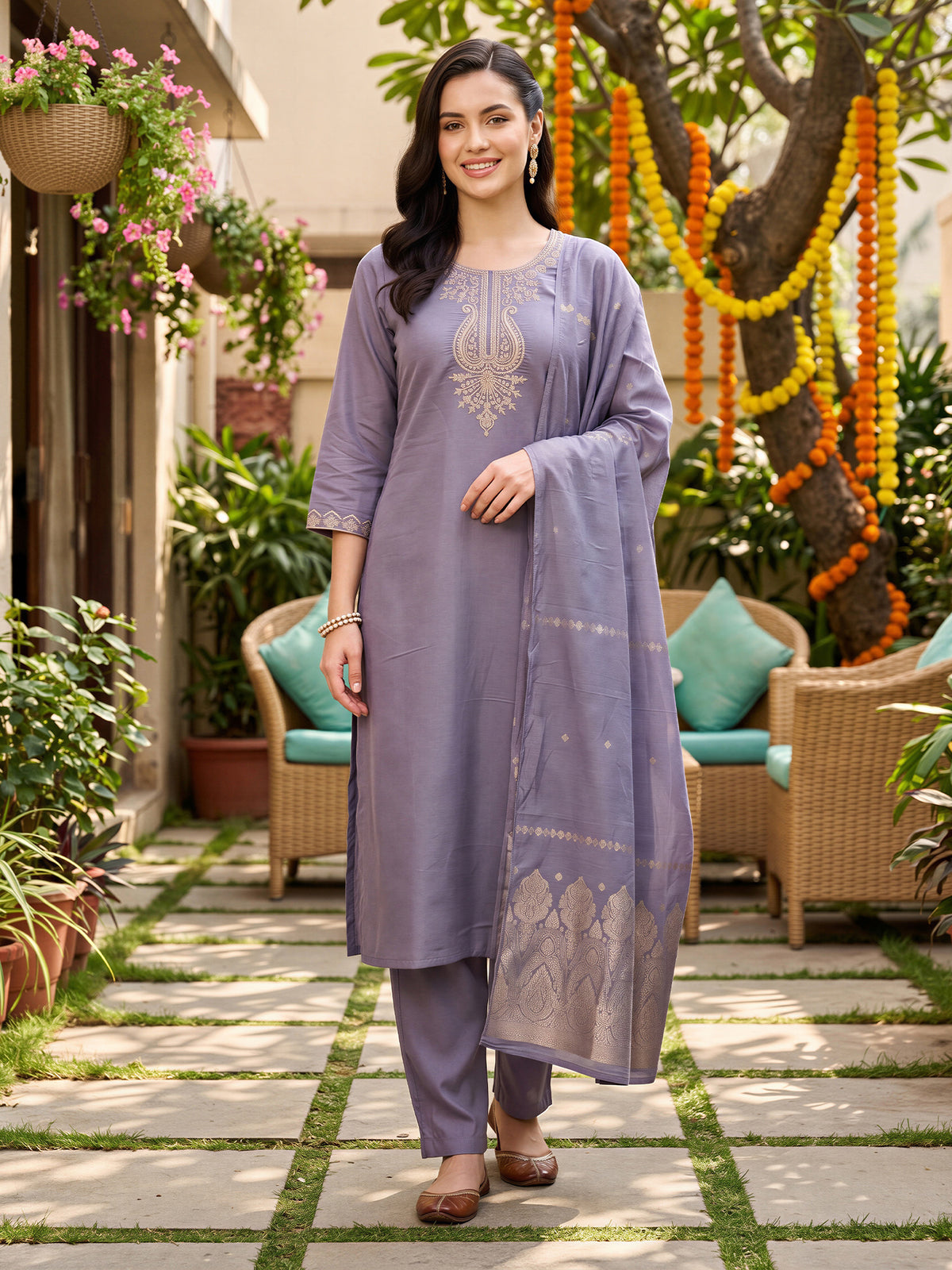 Lavender Embroidered Straight Kurta Trousers With Dupatta Set-BB9KH599