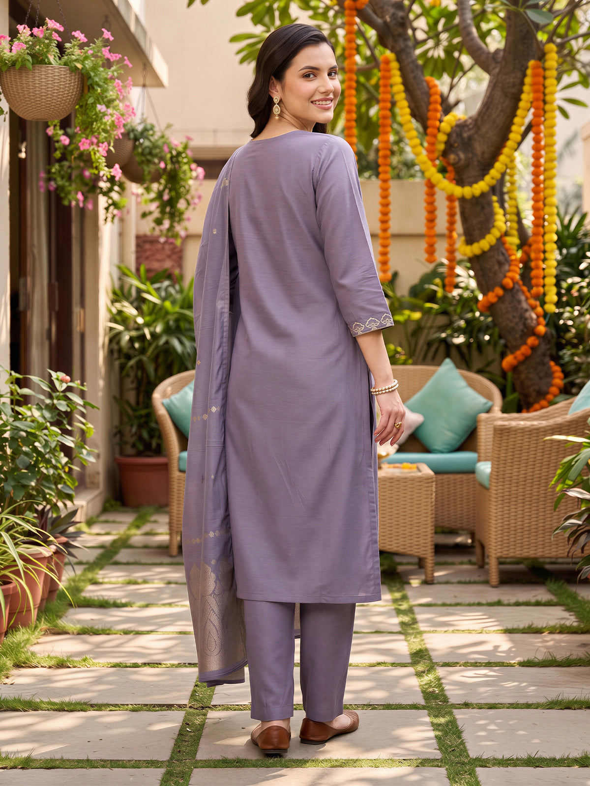 Lavender Embroidered Straight Kurta Trousers With Dupatta Set-BB9KH599