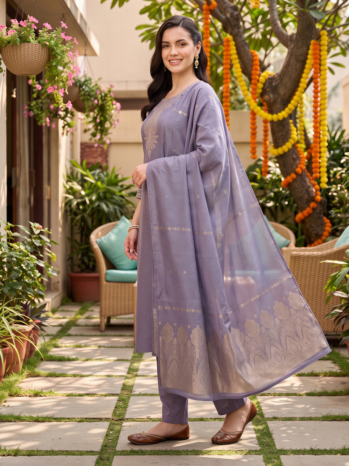 Lavender Embroidered Straight Kurta Trousers With Dupatta Set-BB9KH599