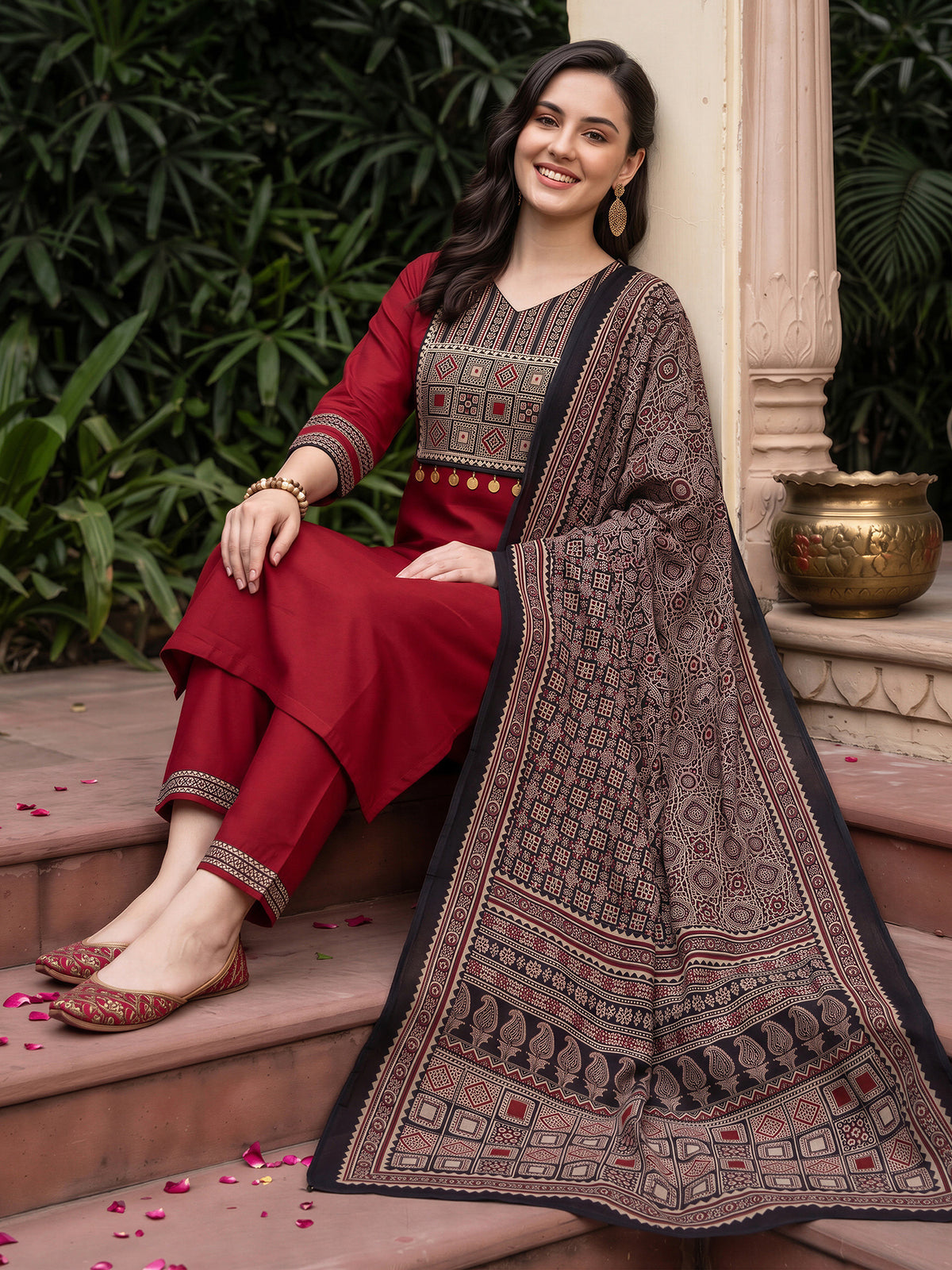 Maroon Yoke Design Straight Kurta Trousers With Dupatta Set-KH0MR13742