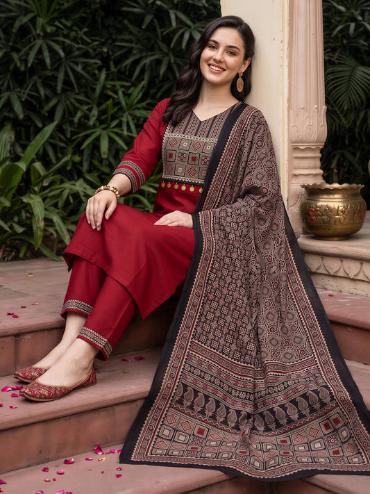Maroon Yoke Design Straight Kurta Trousers With Dupatta Set-KH0MR13742