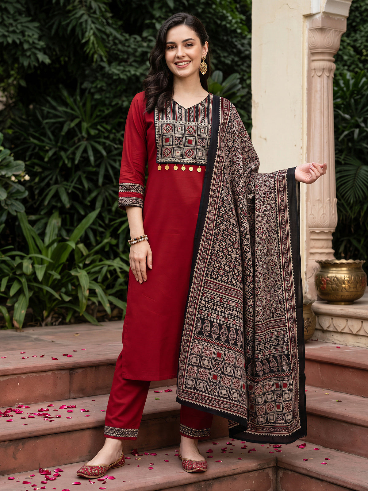 Maroon Yoke Design Straight Kurta Trousers With Dupatta Set-KH0MR13742