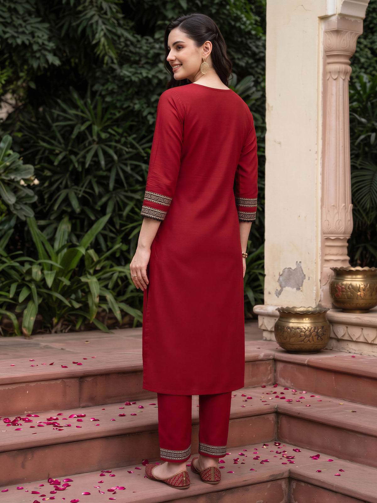 Maroon Yoke Design Straight Kurta Trousers With Dupatta Set-KH0MR13742