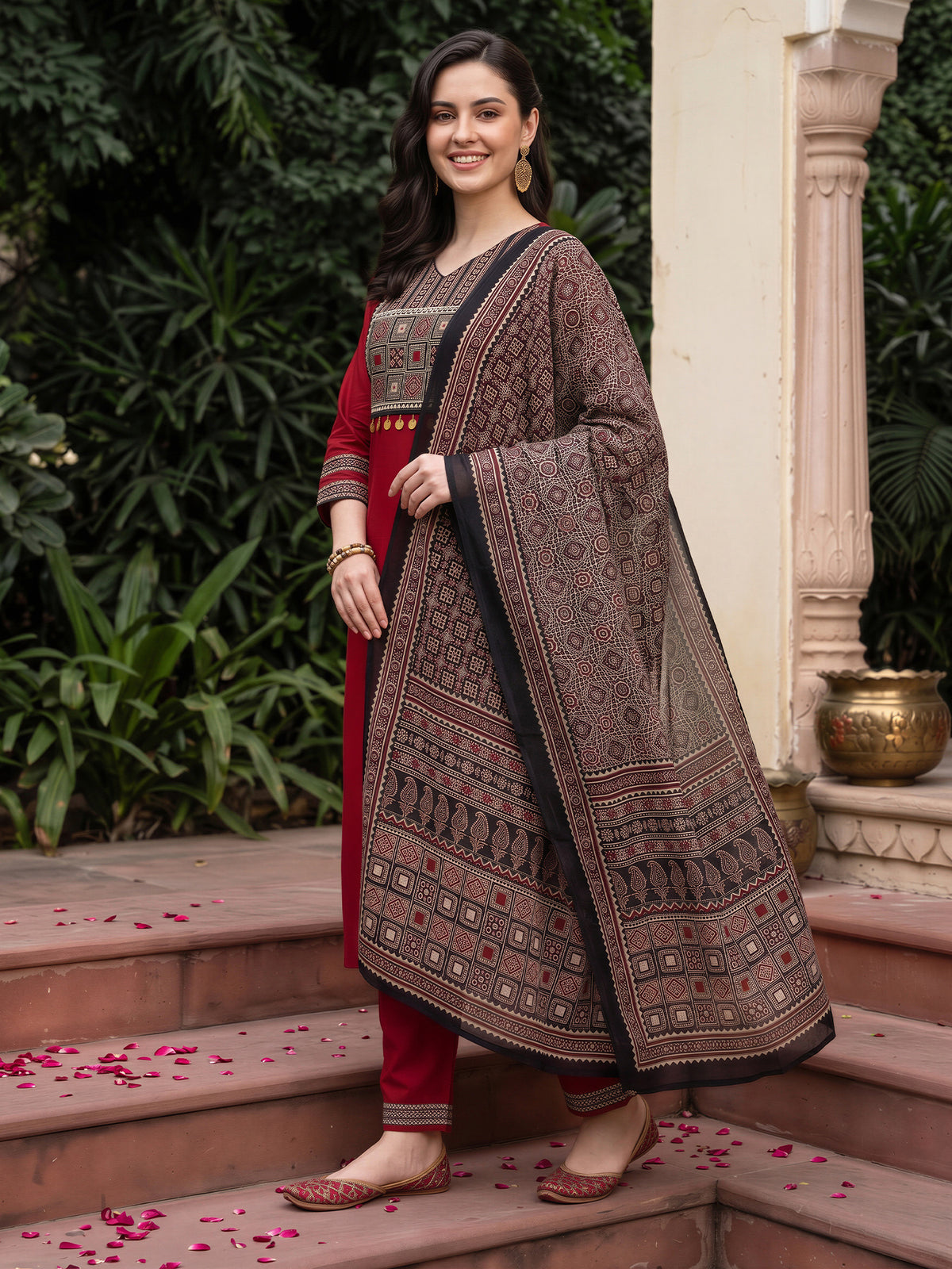 Maroon Yoke Design Straight Kurta Trousers With Dupatta Set-KH0MR13742