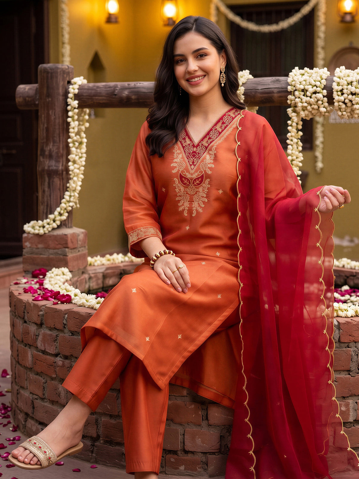 Rust Embroidered Straight Kurta Trousers With Dupatta Set-DD9KH564
