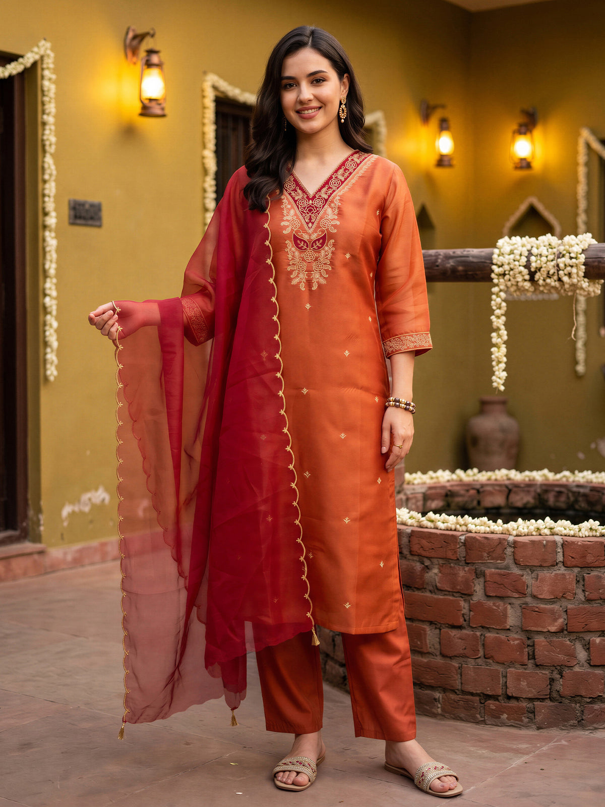 Rust Embroidered Straight Kurta Trousers With Dupatta Set-DD9KH564
