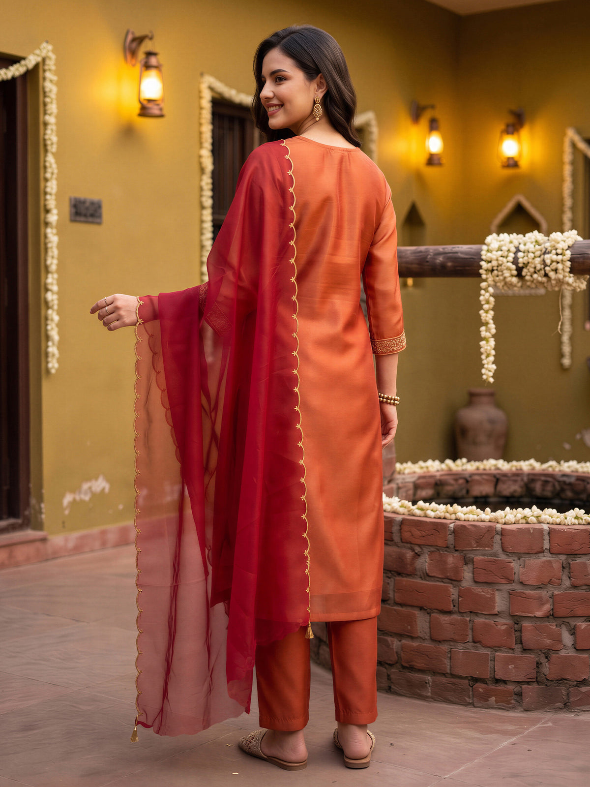 Rust Embroidered Straight Kurta Trousers With Dupatta Set-DD9KH564