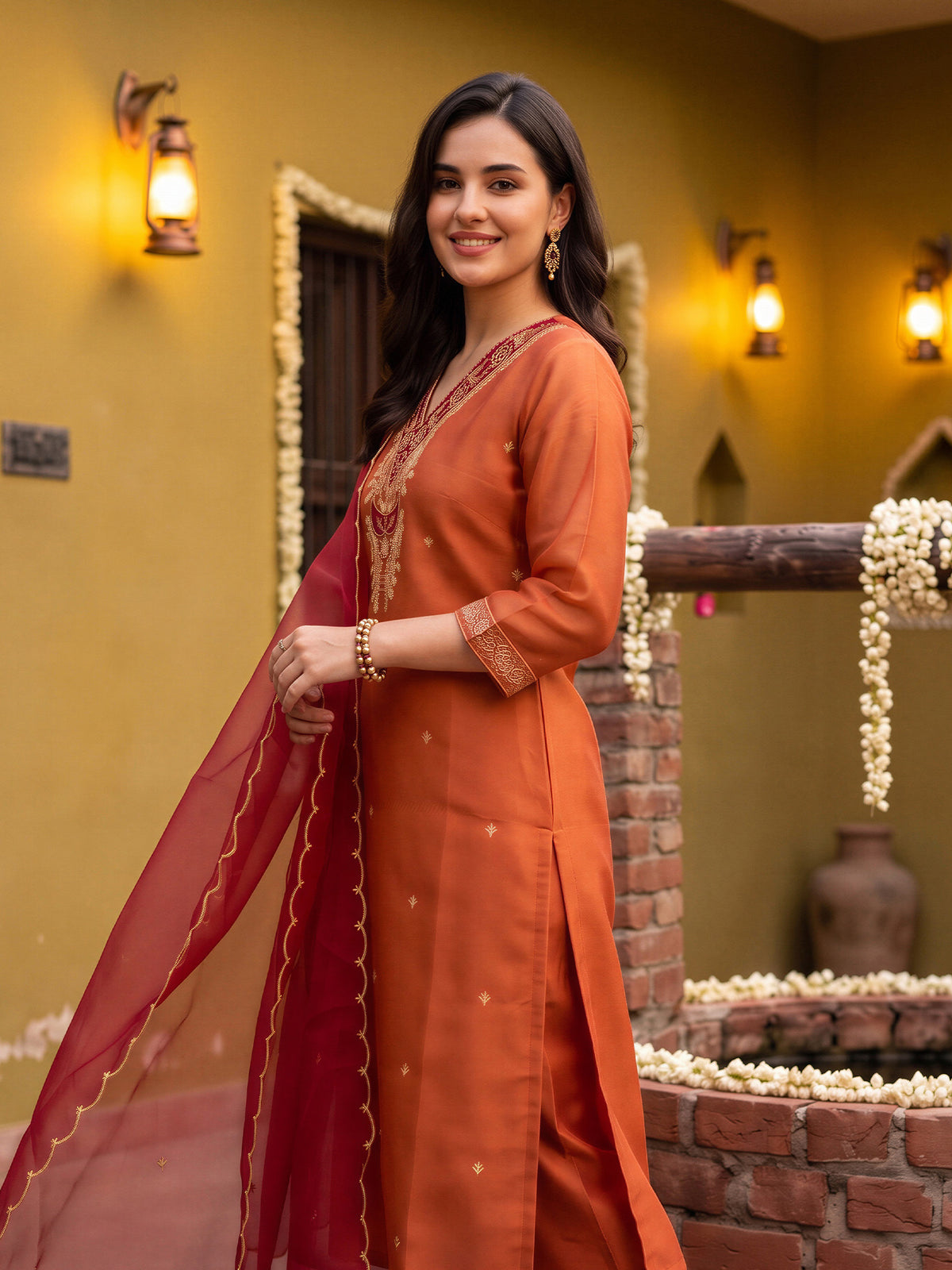 Rust Embroidered Straight Kurta Trousers With Dupatta Set-DD9KH564