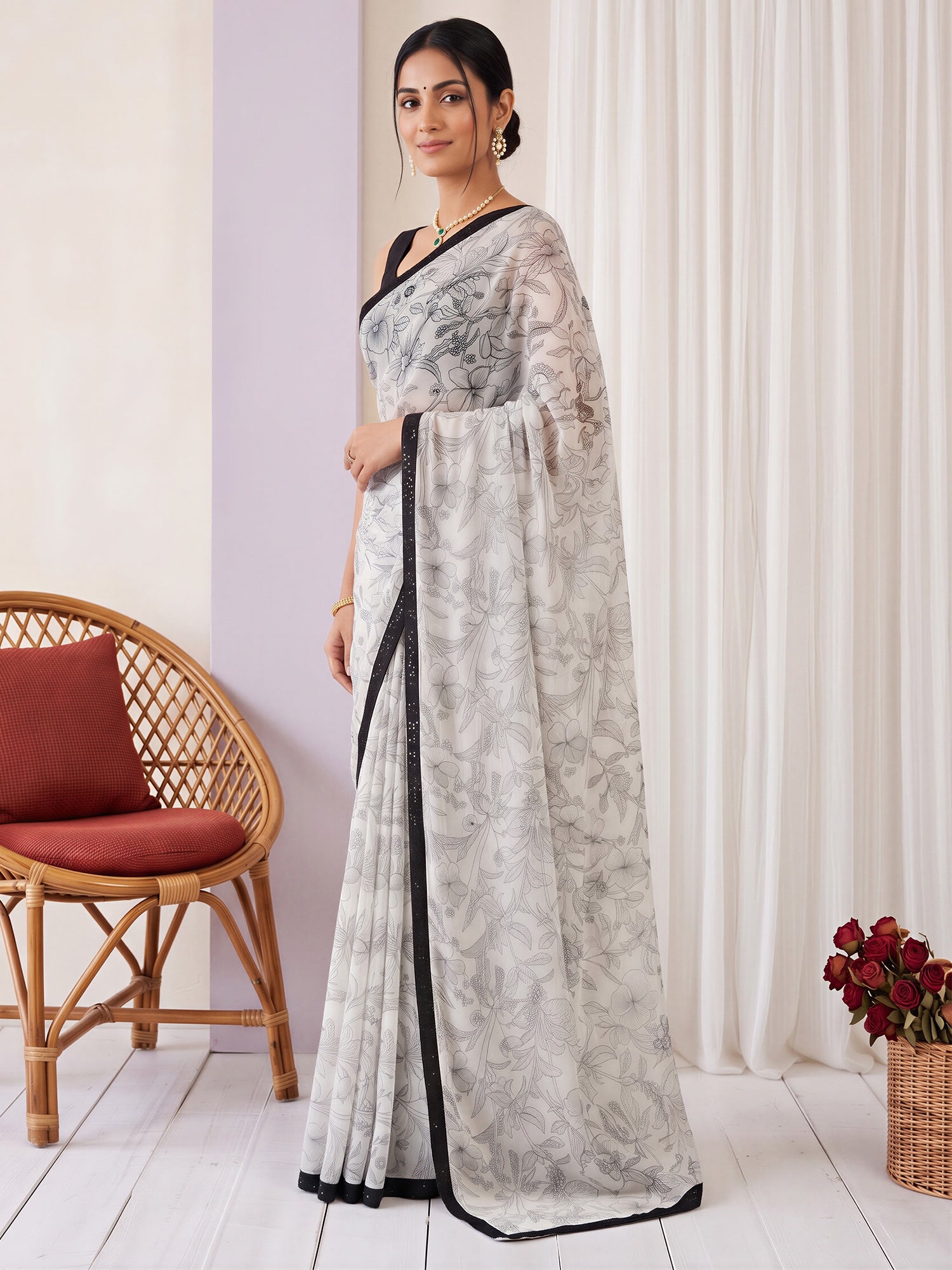 Women's Georgette Off White Printed Designer Saree With Blouse Piece