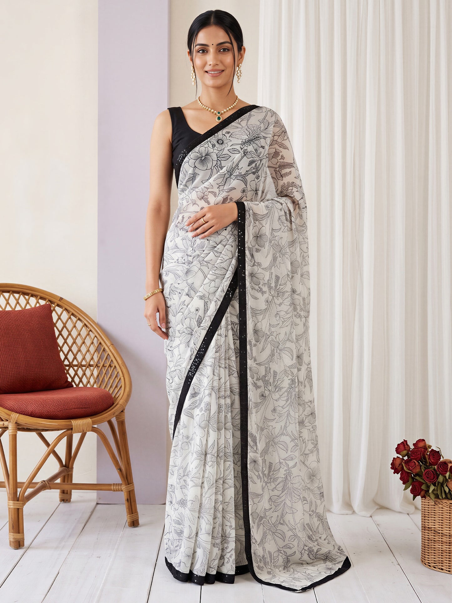 Women's Georgette Off White Printed Designer Saree With Blouse Piece