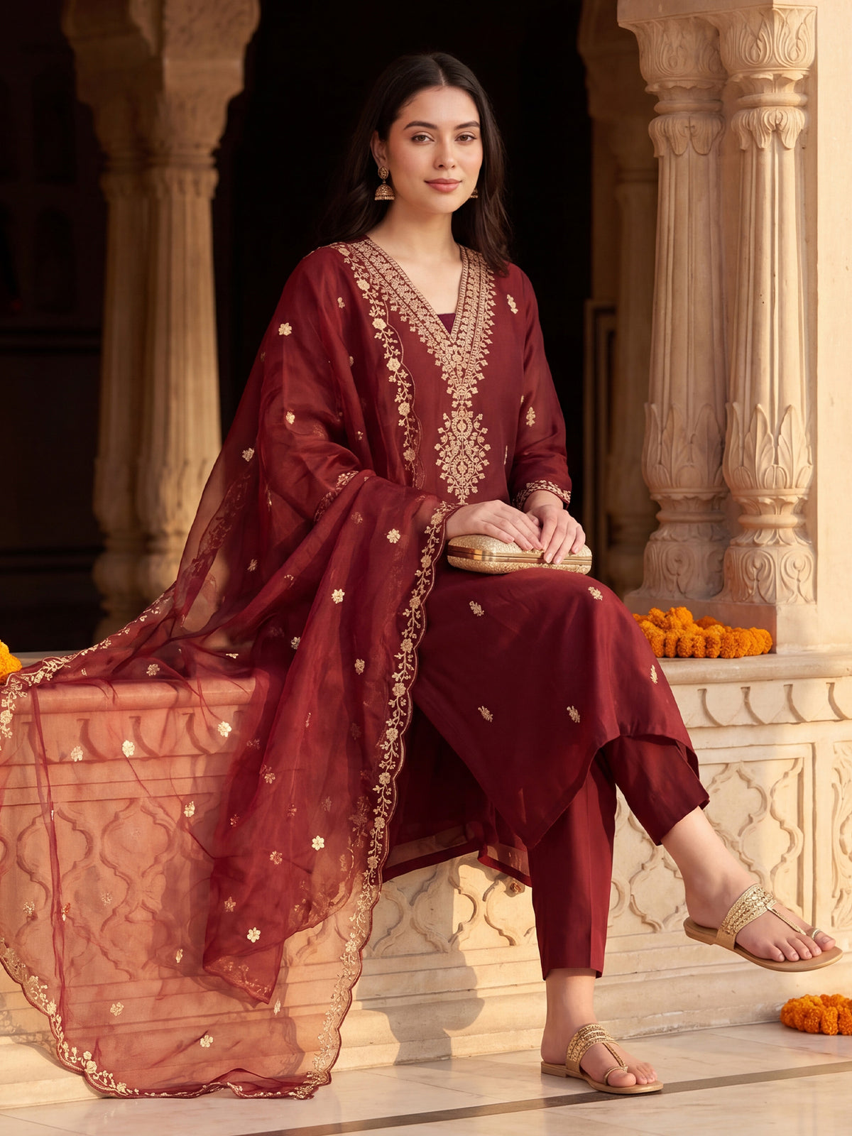Maroon Embroidered Straight Kurta Trousers With Dupatta Set-BB9KH479